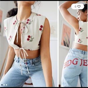 Urban Outfitters Cream and Red Floral Tie-Front Crop Top